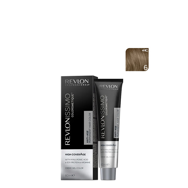 RevlonRevlonissimoColorsmetiqueHighCoverageColor6DarkBlonde60ml Product container of Revlonissimo Colorsmetique High Coverage Color 6 Dark Blonde by Revlon, a creamy hair color for anti aging care.