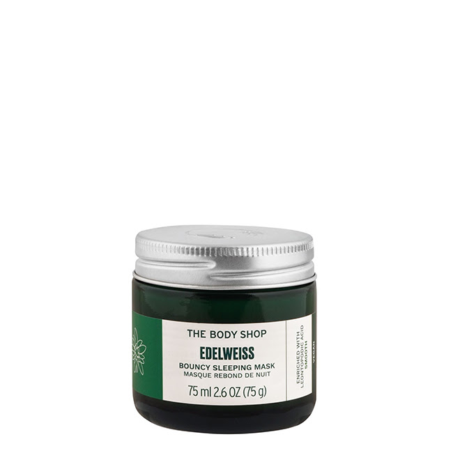 TheBodyShopEdelweissBouncySleepingMask75ml Jar of The Body Shop Edelweiss Bouncy Sleeping Mask by The Body Shop, a gel mask indicated for overnight skin hydration.