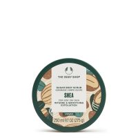 Jar  of  The  Body  Shop  Shea  Body  Scrub  by  The  Body  Shop,  a  sugar  scrub  indicated  for  removing  dead  cells  from  dry  skin.