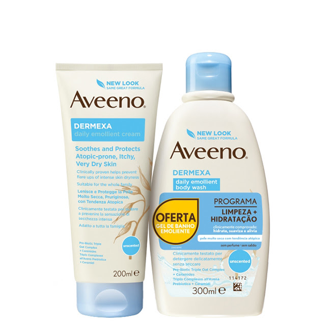 AveenoDermexaKitDailyEmollientCream+BodyWash Product container of Aveeno Dermexa Daily Emollient Cream Set by Aveeno, a kit indicated for dry to very dry atopic skin.