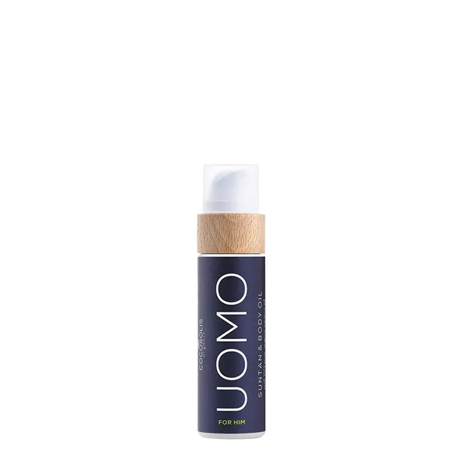 CocosolisUomoSunTan&BodyOil110ml Bottle of Cocosolis Uomo Sun Tan & Body Oil by Cocosolis, an organic oil indicated for men to achieve a deep and long lasting tan.