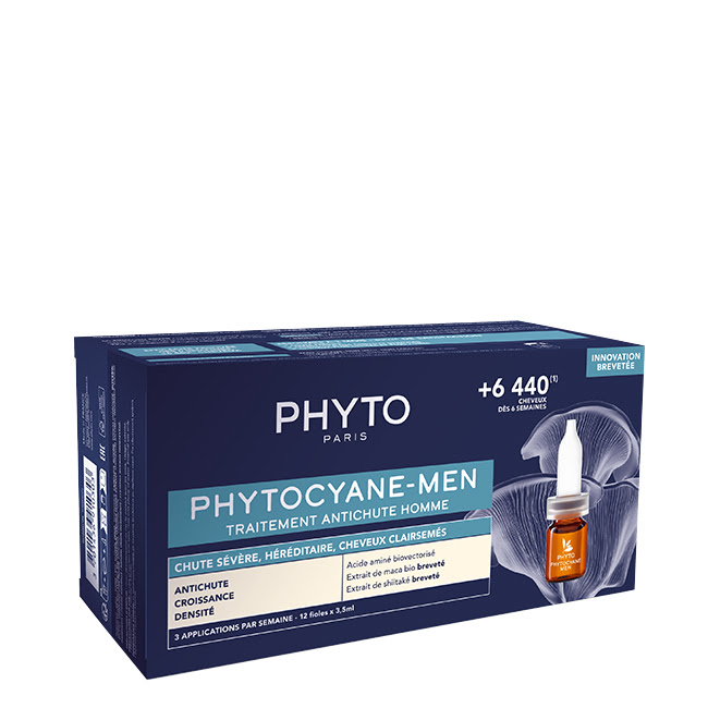 PhytocyaneMenAnti-HairLossAmpoulesx12 Box of Phytocyane Men Anti-Hair Loss Ampoules by Phyto, a treatment indicated for stopping severe hair loss in men.