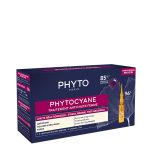 Box  of  Phytocyane  Women  Reactionary  Anti-Hair  Loss  Ampoules  by  Phyto,  a  treatment  indicated  for  reactive  hair  loss  in  women.