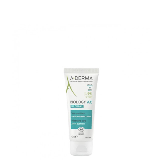 A-DermaBiologyACGlobalMattifyingCream40ml Tube of A-Derma Biology AC Global Mattifying Cream by A-Derma, a cream indicated for matifying and treating acne-prone skin.