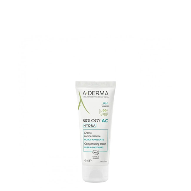 A-DermaBiologyACHydraCompensatingCream40ml Tube of A-Derma Biology AC Hydra Compensating Cream by A-Derma, a cream indicated for hydrating skin during acne treatments.