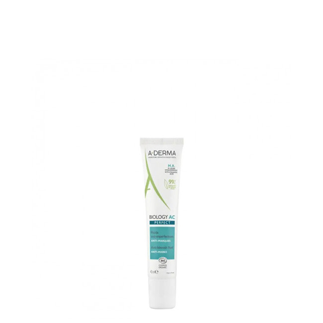 A-DermaBiologyACPerfectAnti-BlemishFluid40ml Bottle of A-Derma Biology AC Perfect Anti-Blemish Fluid by A-Derma, a fluid indicated for correcting acne marks and aging signs.