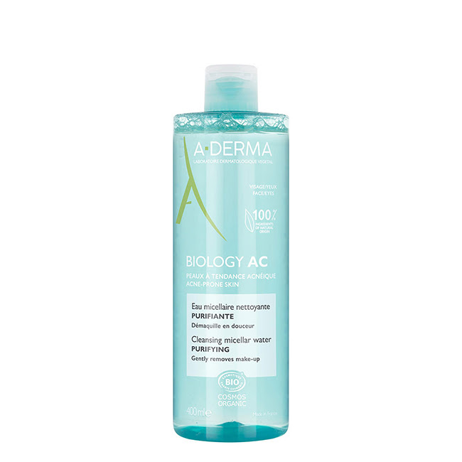 A-DermaBiologyACPurifyingMicellarWater400ml Bottle of A-Derma Biology AC Purifying Micellar Water by A-Derma, a micellar water indicated for removing makeup and impurities.