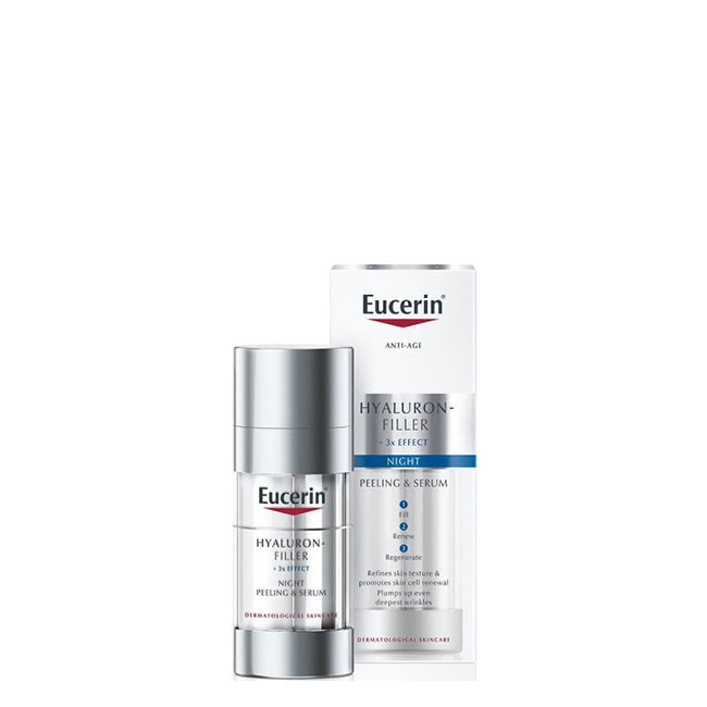 EucerinHyaluron-Fillerx3EffectNightPeeling&Serum30ml Product container of Eucerin Hyaluron-Filler x3 Effect Night Peeling & Serum by Eucerin, a serum indicated for skin cell renewal.
