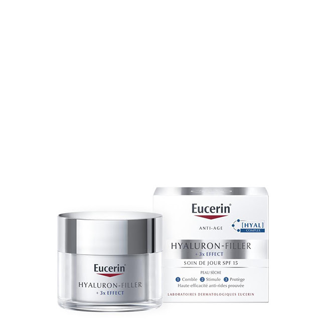 EucerinHyaluron-Fillerx3EffectSPF15DayCreamDrySkin50ml Jar of Eucerin Hyaluron-Filler x3 Effect SPF15 Day Cream by Eucerin, a day cream indicated for filling wrinkles and sun protection.