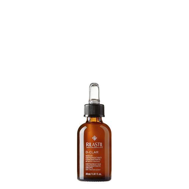 RilastilD-ClarConcentradoDespigmentanteGotas30ml Bottle of Rilastil D-Clar Depigmenting Concentrate Drops by Rilastil, a liquid concentrate indicated for reducing hyperpigmentation.