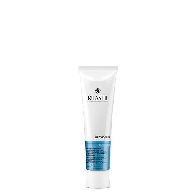 RilastilNeovidermEmulsaoReparadora100ml Bottle of Rilastil Neoviderm Skin Emulsion by Rilastil, a skin emulsion indicated for repairing damaged and weakened skin.