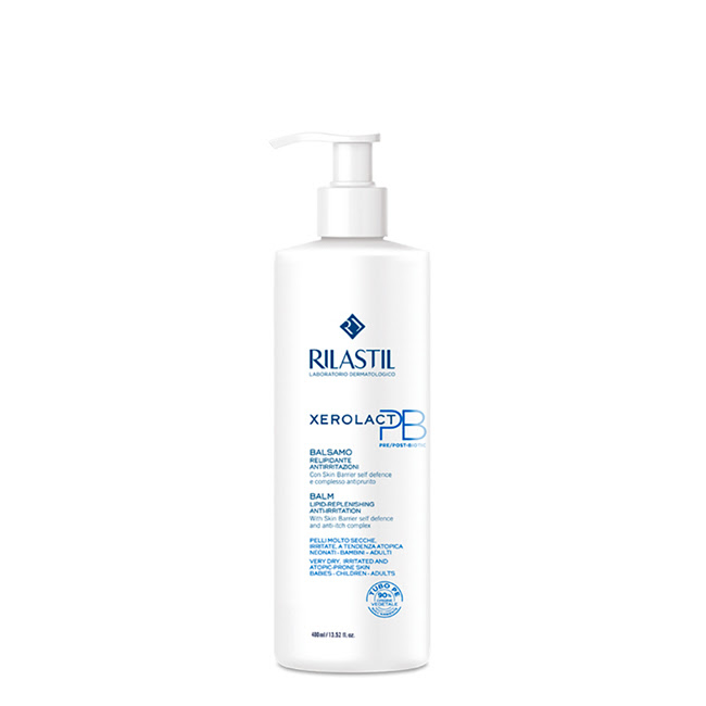 RilastilXerolactBalsamoRelipidante400ml Bottle of Rilastil Xerolact Lipid-Replenishing Balm by Rilastil, a rich balm indicated for moisturizing and repairing dry skin.