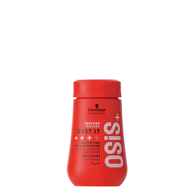 Schwarzkopf Dust It Mattifying Volume Powder 10g Product container of Schwarzkopf Osis Dust It Mattifying Volume Powder by Schwarzkopf, a powder indicated for matte volume.