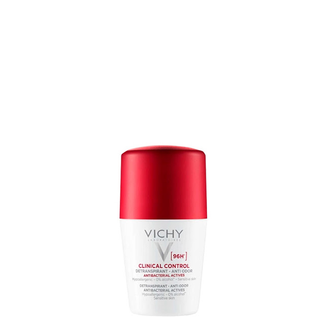 Vichy96hClinicalControlRollOnDeodorant50ml Product container of Vichy 96h Clinical Control Roll On Deodorant by Vichy, an antiperspirant indicated for excessive perspiration.