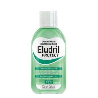 Bottle  of  Eludril  Protect  Daily  Mouthwash  by  Eludril,  a  liquid  mouthwash  indicated  for  fortifying  enamel  and  gum  health.