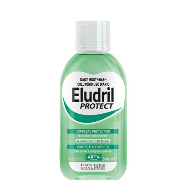 EludrilProtectDailyMouthwash500ml Bottle of Eludril Protect Daily Mouthwash by Eludril, a liquid mouthwash indicated for fortifying enamel and gum health.