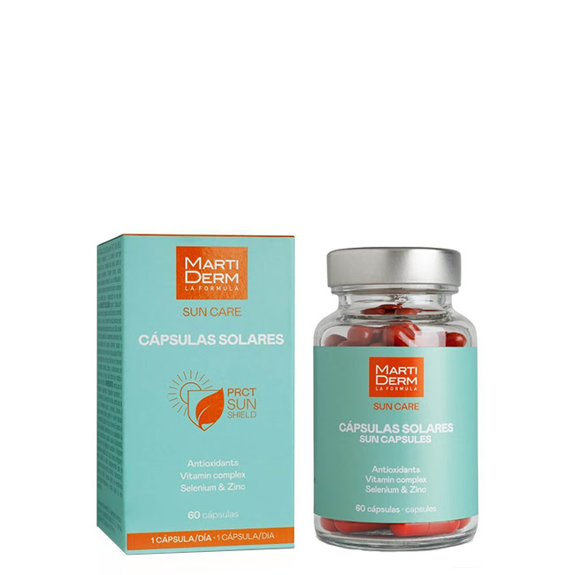 MartidermSunCareSunCapsulesx60 Box of Martiderm Sun Care Sun Capsules by Martiderm, a food supplement indicated for preparing the skin for sun exposure.