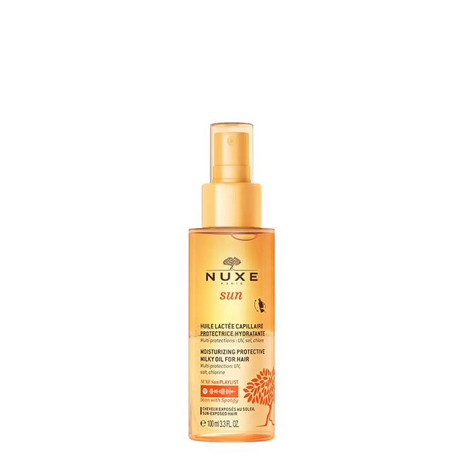 NuxeSunMoisturisingProtectiveMilkyOilforHair100ml Bottle of Nuxe Sun Moisturising Protective Milky Oil for Hair by Nuxe, a protective oil indicated for nourishing and hydrating hair.