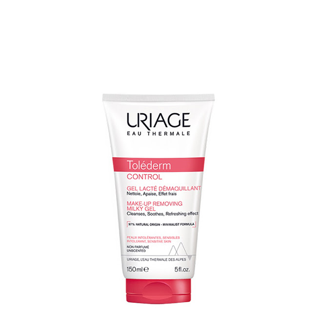 UriageTolédermControlMake-UpRemovingMilkyGel150ml Bottle of Uriage Toléderm Control Make-Up Removing Milky Gel by Uriage, a milky gel indicated for gentle makeup removal.