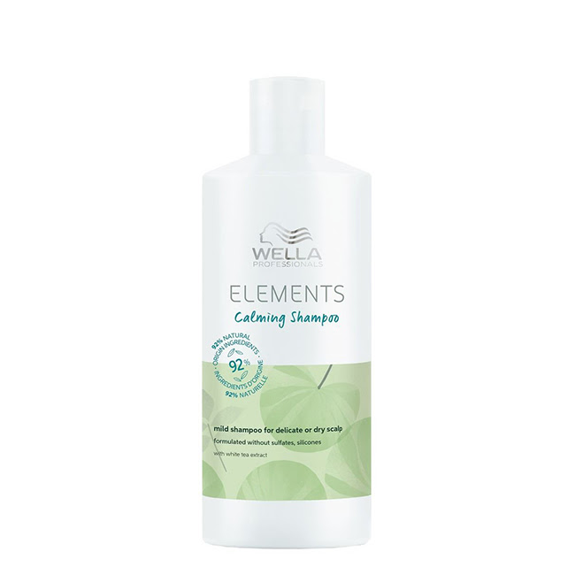 WellaProfessionalsElementsCalmingShampoo500ml Bottle of Elements Calming Shampoo by Wella Professionals, a natural shampoo indicated for moisturizing dry scalp.