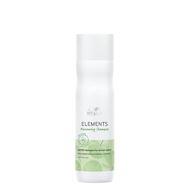 WellaProfessionalsElementsRenewingShampoo250ml Bottle of Elements Renewing Shampoo by Wella Professionals, a natural shampoo indicated for restoring softness and shine.