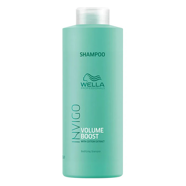 WellaProfessionalsInvigoVolumeBoostShampoo1000ml Bottle of Invigo Volume Boost Shampoo by Wella Professionals, a light shampoo indicated for cleansing and adding volume to fine hair.