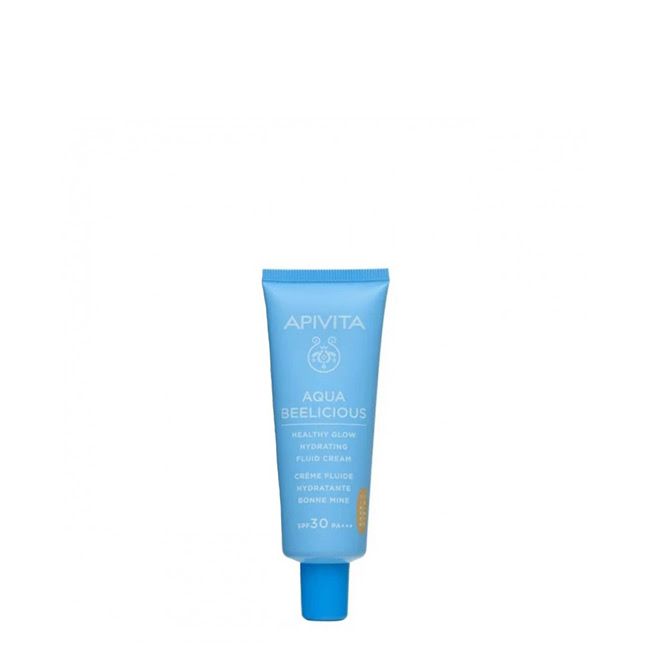 ApivitaAquaBeeliciousHealthyGlowHydratingFluidCreamSPF3040ml Product container of Apivita Aqua Beelicious Healthy Glow Hydrating Fluid Cream SPF30 by Apivita, a fluid for skin hydration.