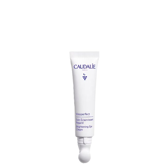 Caudalie Vinoperfect Brightening Eye Product container of Caudalie Vinoperfect Brightening Eye Cream, a fluid cream indicated for hydrating and brightening the eye contour.