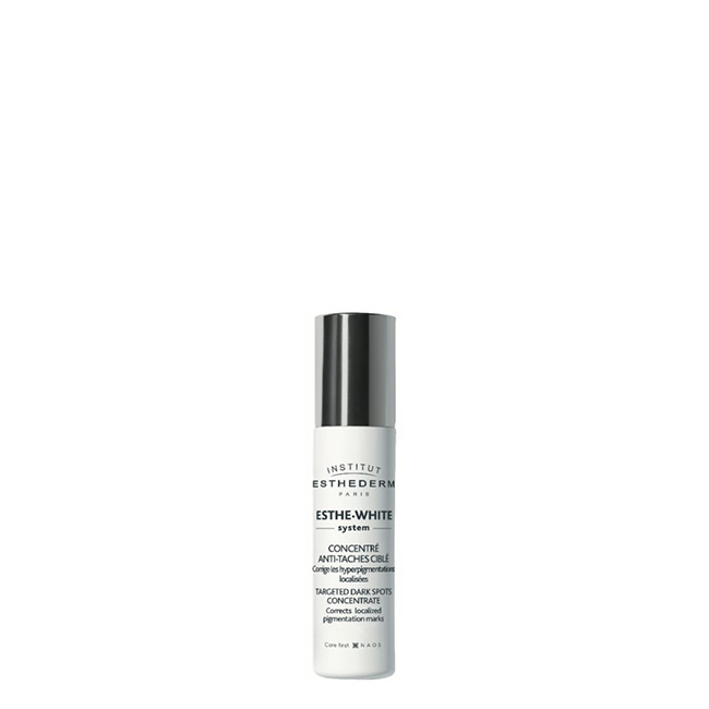 EsthedermEsthe-WhiteTargetedDarkSpotsConcentrate9ml Product container of Esthederm Esthe-White Targeted Dark Spots Concentrate by Esthederm, a roll-on indicated for reducing dark spots.
