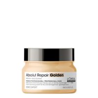 Jar  of  Absolut  Repair  Golden  Mask  by  LOréal  Professionnel,  a  golden  mask  indicated  for  restructuring  damaged  hair.