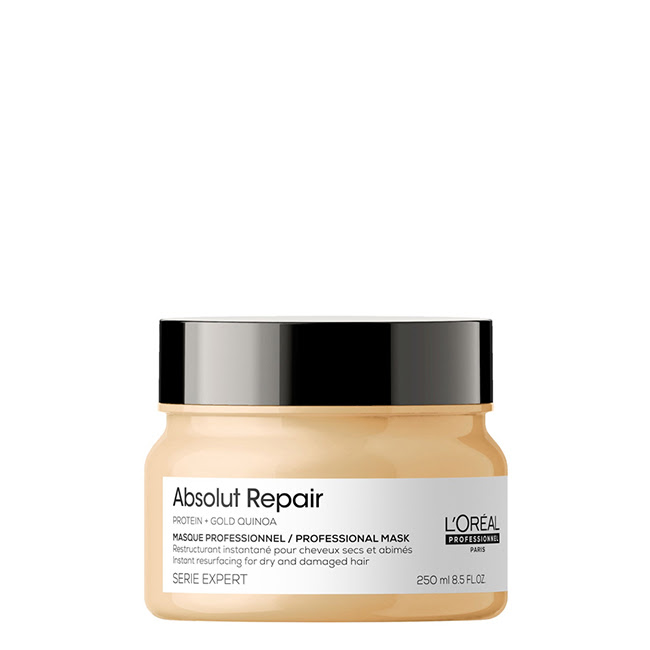 L'OréalProfessionnelAbsolutRepairMask250ml Jar of Absolut Repair Mask by LOréal Professionnel, a nourishing hair mask indicated for severely damaged hair repair.