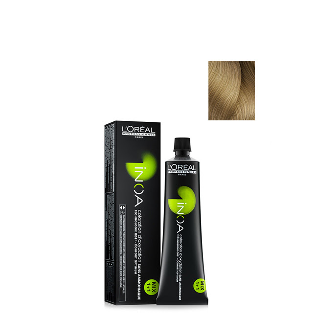 L'OréalProfessionnelINOANoAmmoniaPermanentColor9.360g Product container of INOA No Ammonia Permanent Color 9.3 by LOréal Professionnel, a hair color for vibrant, long-lasting color.