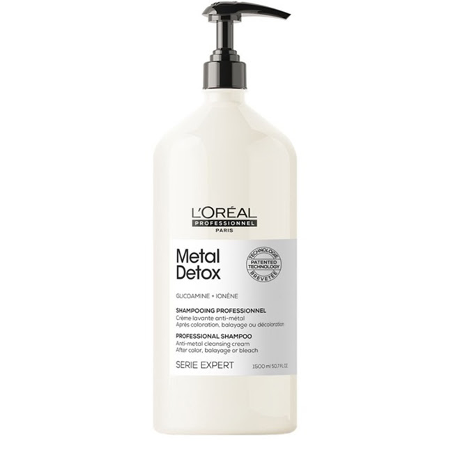L'OrealProfessionnelMetalDetoxShampoo1500ml Bottle of LOreal Professionnel Metal Detox Shampoo by LOreal, a creamy shampoo to cleanse and detoxify hair after coloring.
