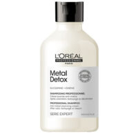 Bottle  of  LOreal  Professionnel  Metal  Detox  Shampoo  by  LOreal,  a  creamy  shampoo  to  cleanse  and  detoxify  hair  after  coloring.