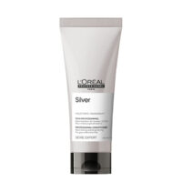 Bottle  of  LOreal  Professionnel  Silver  Conditioner  by  LOreal,  a  conditioner  indicated  for  neutralizing  yellow  tones  in  gray  hair.