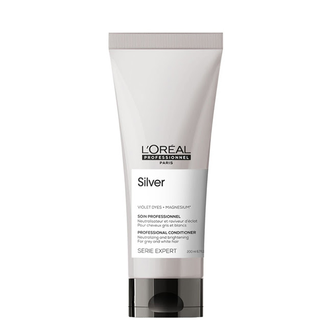 L'OrealProfessionnelSilverConditioner200ml Bottle of LOreal Professionnel Silver Conditioner by LOreal, a conditioner indicated for neutralizing yellow tones in gray hair.