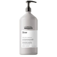 Bottle  of  LOreal  Professionnel  Silver  Shampoo  by  LOreal,  a  shampoo  indicated  for  neutralizing  brassy  tones  in  silver  hair.