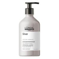 Bottle  of  LOreal  Professionnel  Silver  Shampoo  by  LOreal,  a  shampoo  indicated  for  neutralizing  brassy  tones  in  silver  hair.