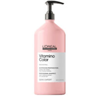 Bottle  of  LOreal  Professionnel  Vitamino  Color  Shampoo,  a  creamy  shampoo  indicated  for  cleansing  and  preserving  hair  color.