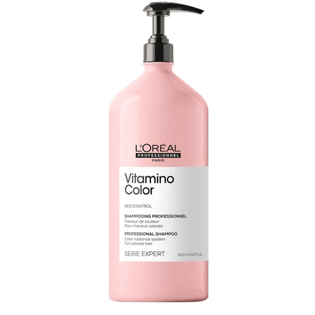 L'OrealProfessionnelVitaminoColorShampoo1500ml Bottle of LOreal Professionnel Vitamino Color Shampoo, a creamy shampoo indicated for cleansing and preserving hair color.