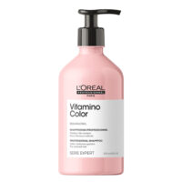 Bottle  of  LOreal  Professionnel  Vitamino  Color  Shampoo,  a  creamy  shampoo  indicated  for  cleansing  and  preserving  hair  color.