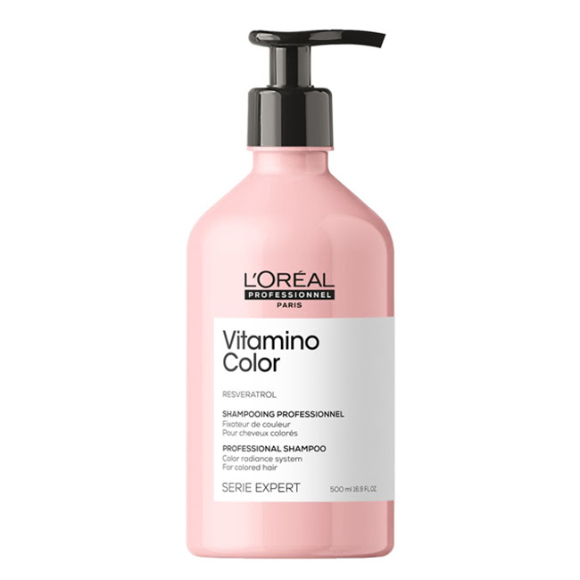 L'OrealProfessionnelVitaminoColorShampoo500ml Bottle of LOreal Professionnel Vitamino Color Shampoo, a creamy shampoo indicated for cleansing and preserving hair color.