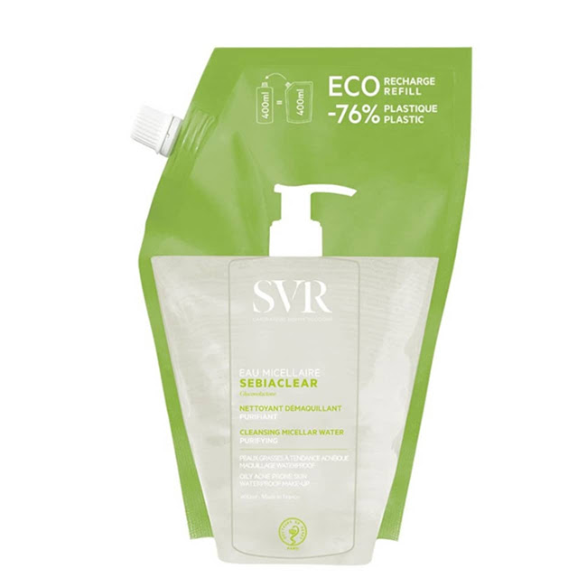 SVRSebiaclearCleansingMicellarWaterRefill400ml Bottle of SVR Sebiaclear Cleansing Micellar Water Refill, a micellar water indicated for purifying and matifying combination to oily skin.
