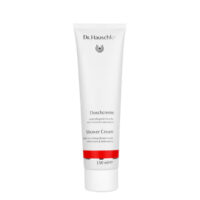 Bottle  of  Dr.  Hauschka  Shower  Cream,  a  shower  cream  indicated  for  gently  cleansing  and  nourishing  the  body  skin.