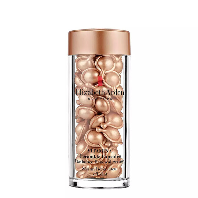 ElizabethArdenVitaminCCeramideCapsulesx60 Box of Elizabeth Arden Vitamin C Ceramide Capsules, a dry oil serum indicated for brightening skin and evening tone.