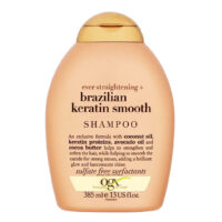 Bottle  of  Ogx  Brazilian  Keratin  Smooth  Shampoo  by  Ogx,  a  shampoo  indicated  for  smoothing  and  taming  frizzy  or  unruly  hair.
