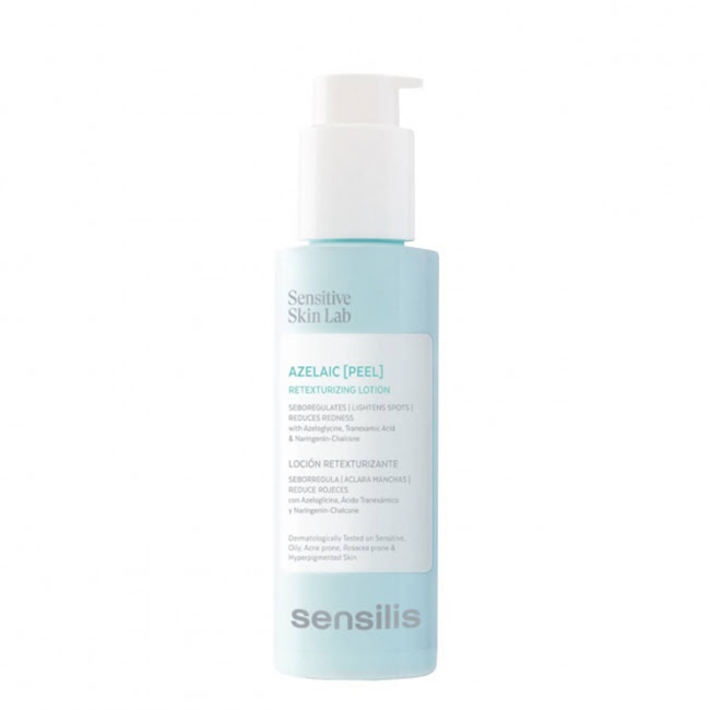 SensilisAzelaicPeelRetexturizingLotion100ml Bottle of Sensilis Azelaic Peel Retexturizing Lotion by Sensilis, a fluid gel indicated for regulating sebum and reducing redness.