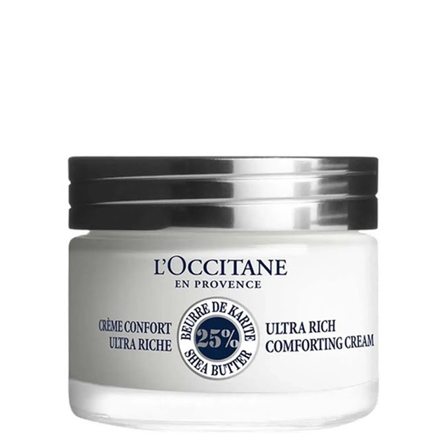 L'OccitaneSheaButterUltraRichComfortingCream50ml Jar of LOccitane Shea Butter Ultra Rich Comforting Cream, a rich face cream indicated for very dry skin nourishment.