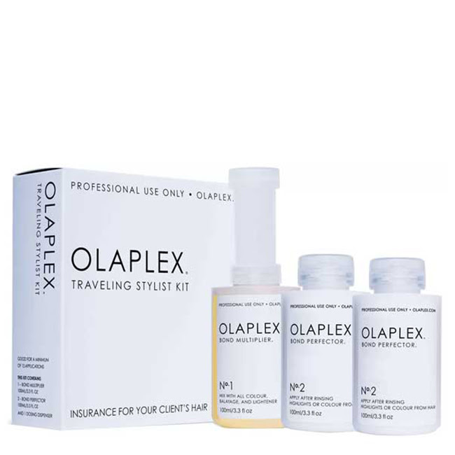 OlaplexTravelingStylistKit Box of Olaplex Traveling Stylist Kit by Olaplex, a hair repair system indicated for restoring and repairing damaged hair.
