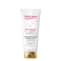 Bottle  of  Topicrem  Ultra-Moisturizing  Sparkling  Body  by  Topicrem,  a  lotion  indicated  for  hydrating  and  brightening  sensitive  skin.